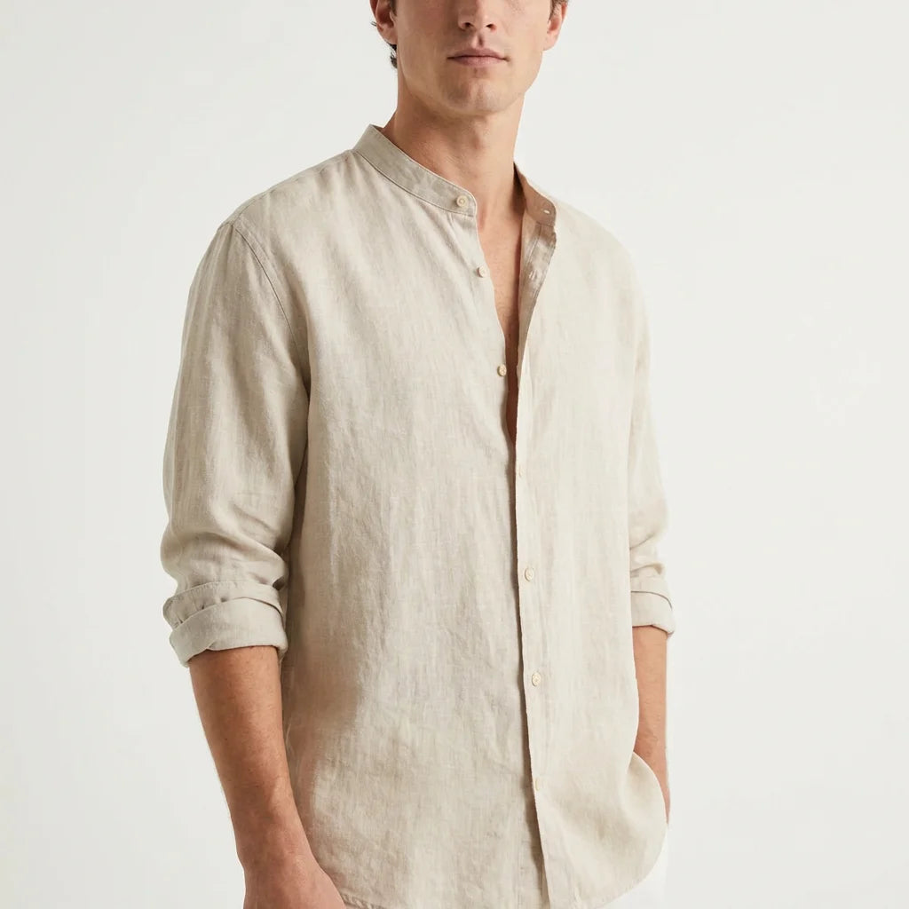 Men's Casual Linen Band Collar Long Sleeve Shirt — Oversized Relaxed Fit