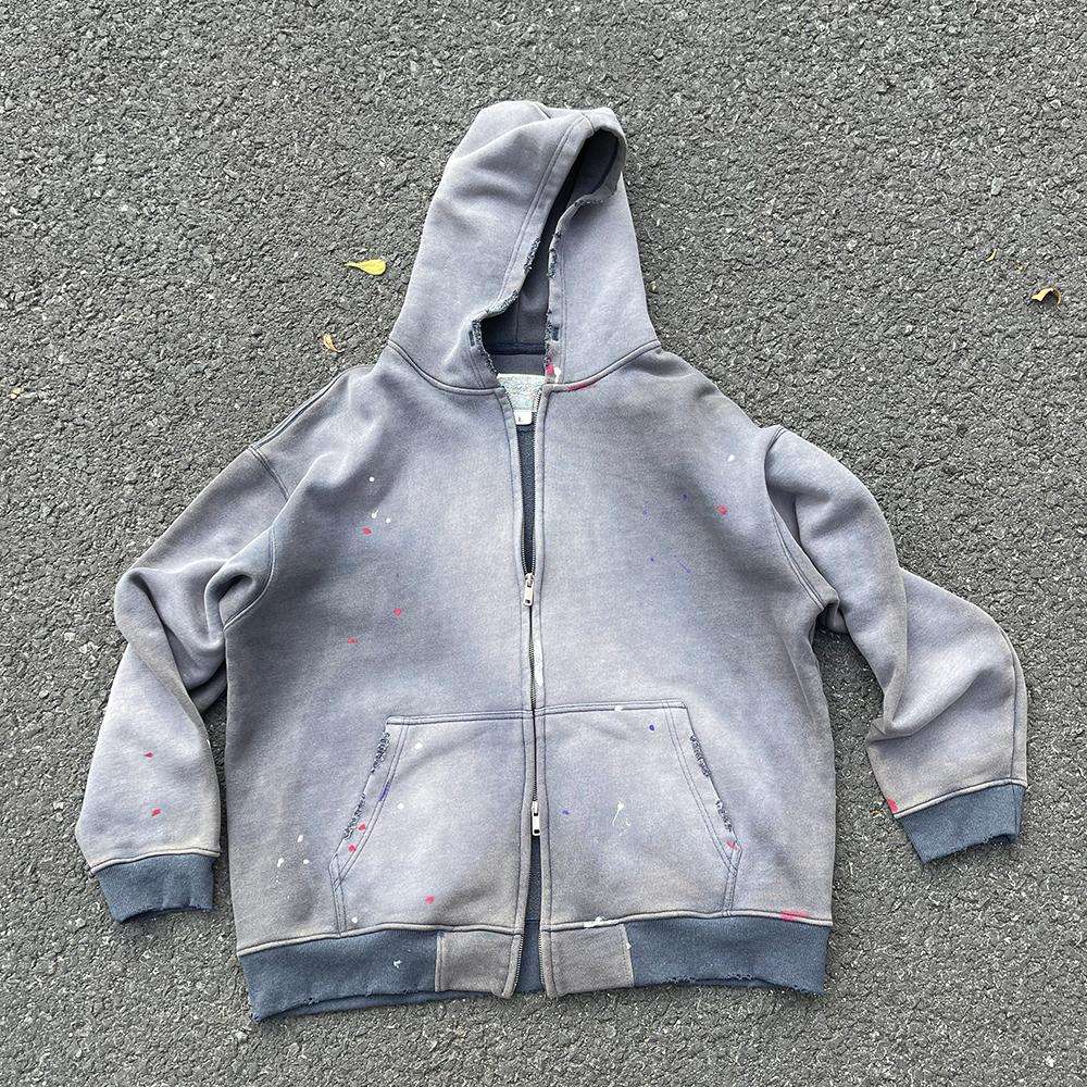 Men's Acid Wash Vintage Zip-Up Hoodie — Sun Faded Distressed Streetwear
