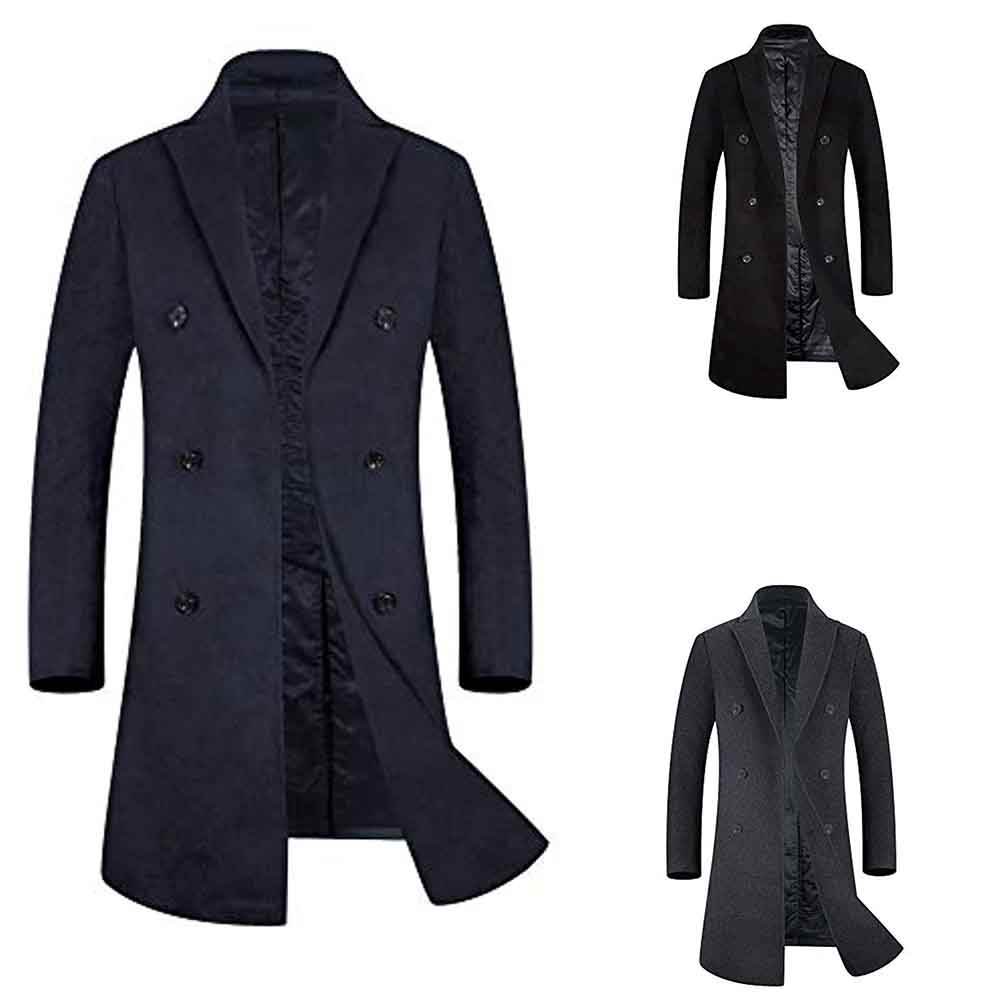 Men's Double-Breasted Wool Blend Overcoat — Long Business Formal Coat