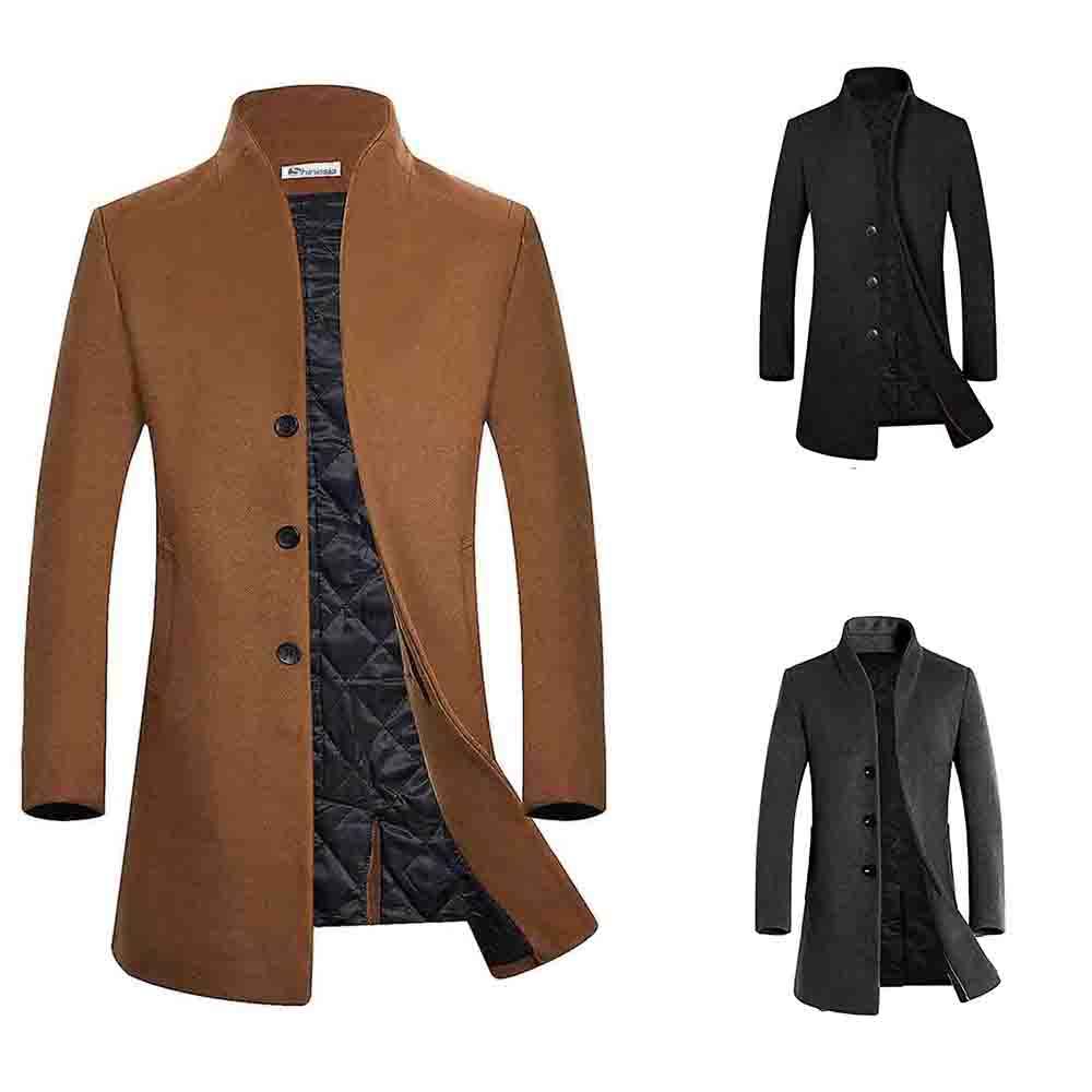 Men's Slim Wool Blend Single-Breasted Overcoat — Stand Collar Business Coat