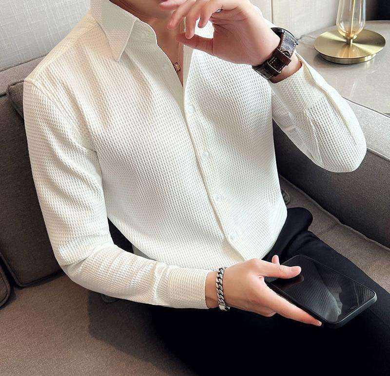 Men's Waffle Texture Long Sleeve Casual Shirt — Slim Fit Business Style
